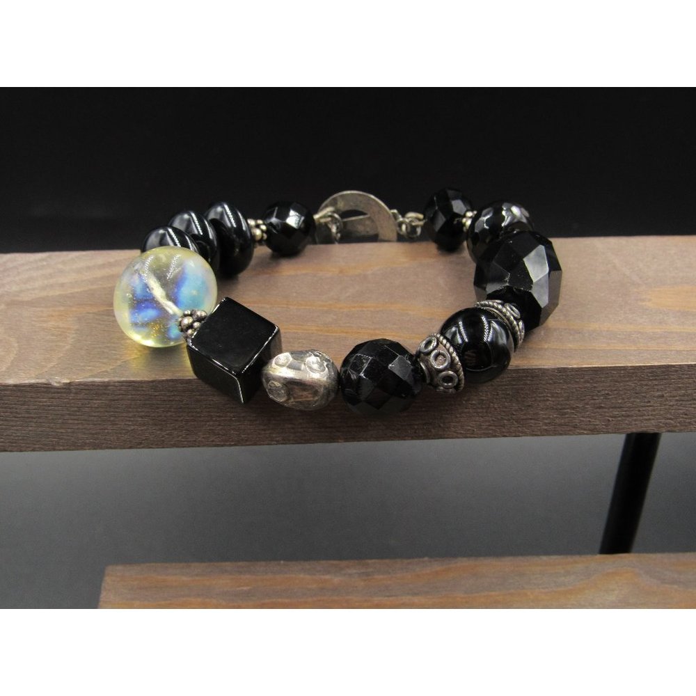 8" Sterling Silver Large Chunky Black Faux Stone Bracelet Vintage Elegant